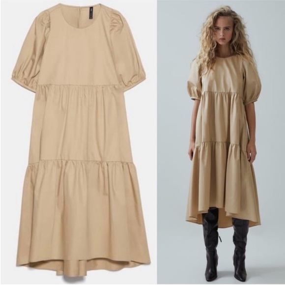 Zara Dresses & Skirts - Zara Tan Puff Sleeve Tiered Midi Dress Size XXL